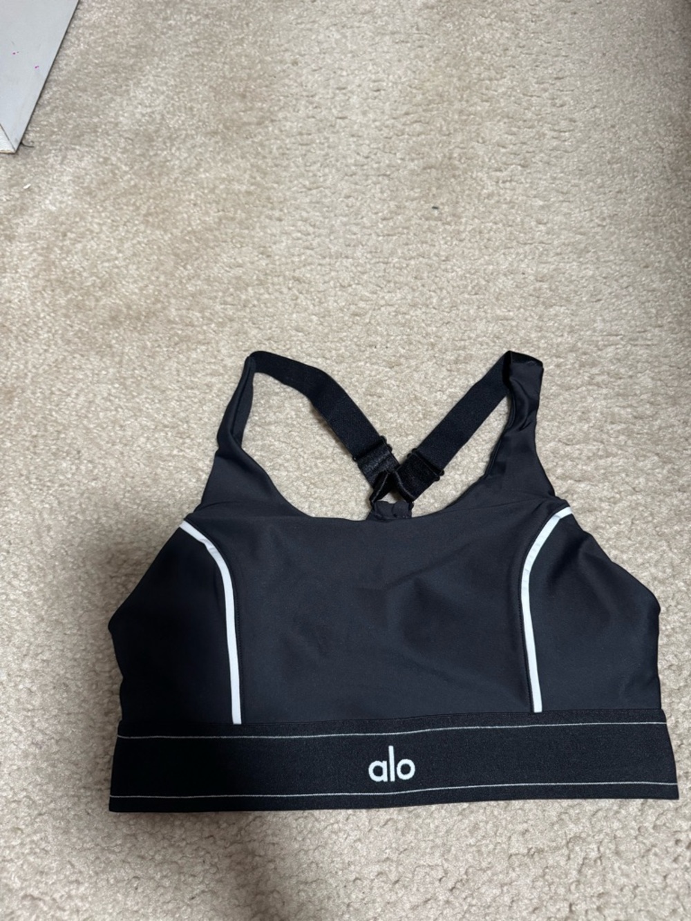ALO Yoga Black Sports Bra with White Piping